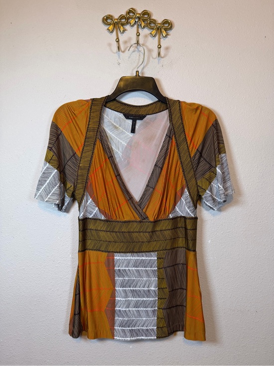 BCBGMaxAzria Tops - BCBGMaxAzria Mustard, Brown & White V-Neck Faux Wrap-Style Top. Size M
